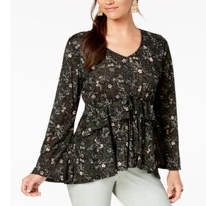 Style & Co Floral Print Sheer Ruffled Babydoll Black Multi Color Top 3X